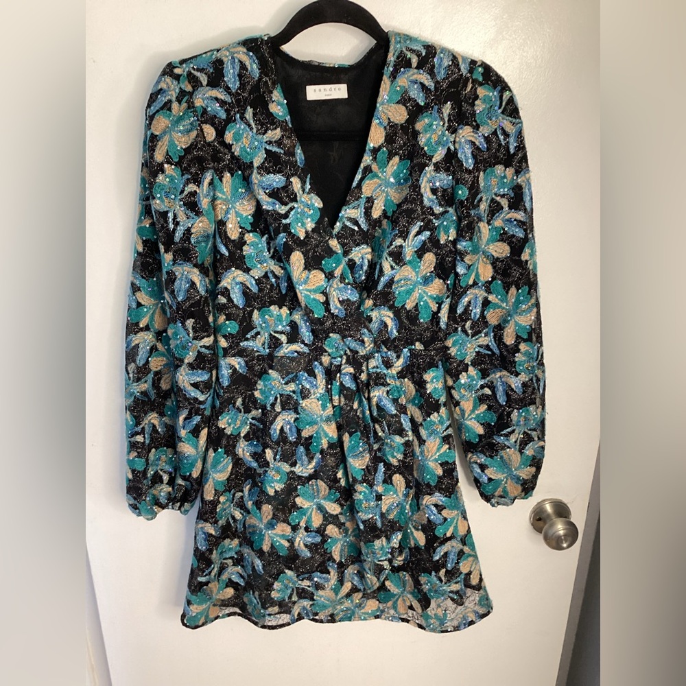 Sandro Black Floral Sequin Mini Dress with Teal & Gold Embellishment S